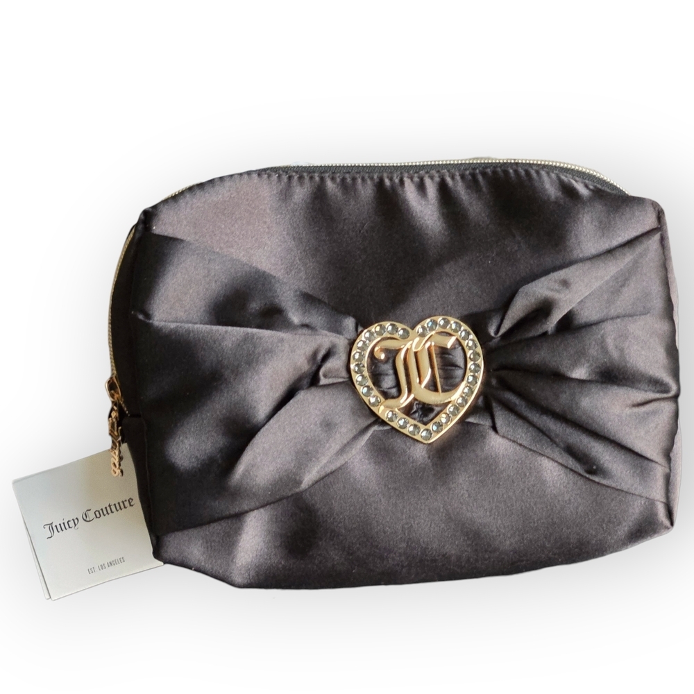 Juicy Couture Black Satin Cosmetic Bag with Gold Heart Emblem NWT 9x7 Travel Set